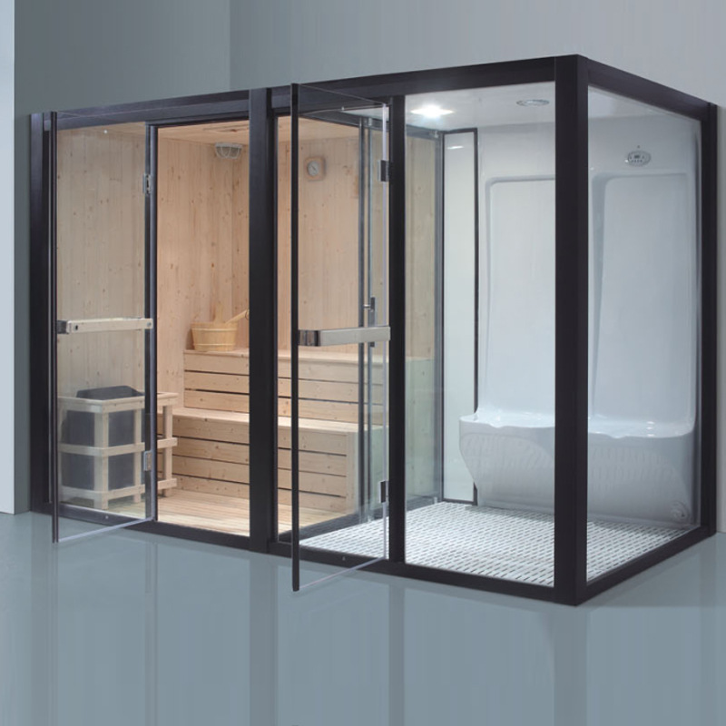 Black Al frame Steam shower and high quality hemlock wooden stone sauna room for traditional stone heating