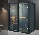 rectangle shape fashion design gentle hemlock wood  and tempered glass and wet steam shower