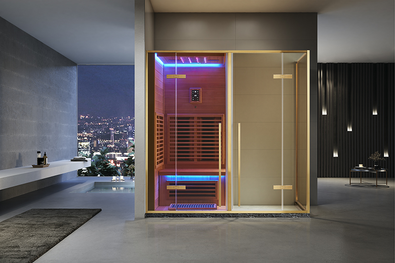 luxury bath shower and dry sauna steam room for single person with the gold frame