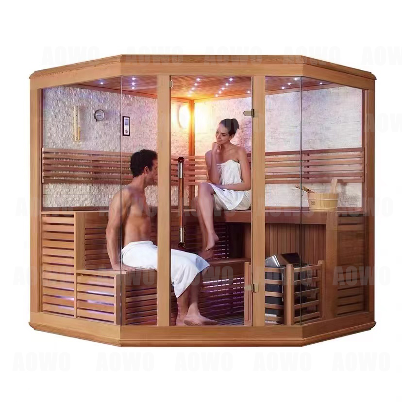 Professional Manufacture Modern Outdoor Indoor Traditional Stone Hemlock Wood 4-person Size Sauna Room