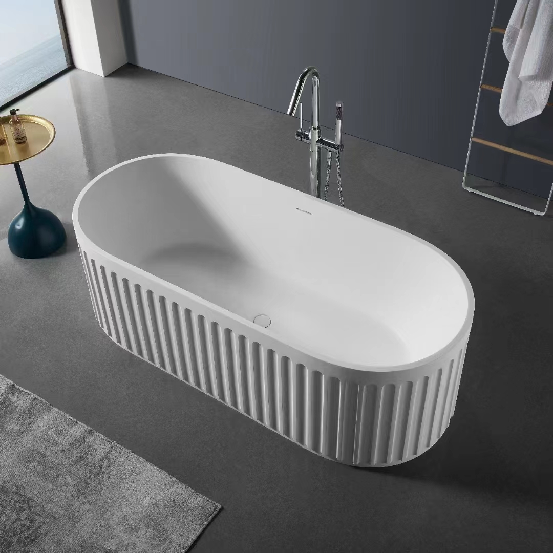 Modern European Design Rectangle Solid Surface Artificial Marble Stone Freestanding Soaker Bathtub with Stripes