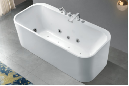 Modern white free standing acrylic bathtub with faucets ans portable shower and massage